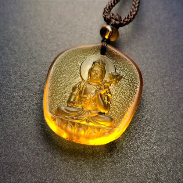 Chinese Zodiac Natal Buddha Liuli Pendant - crowned bodhisattva holding lotus flower, amber glow, Peaceful