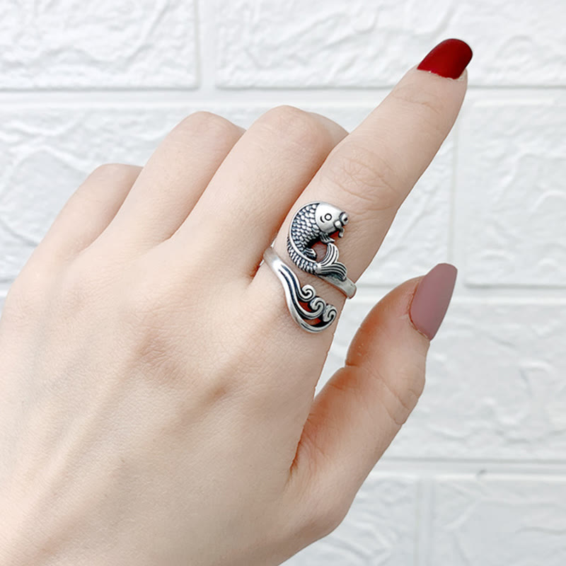 925 Sterling Silver Koi Ring – back view of ring showing water wave texture, sterling silver polished finish, fortune