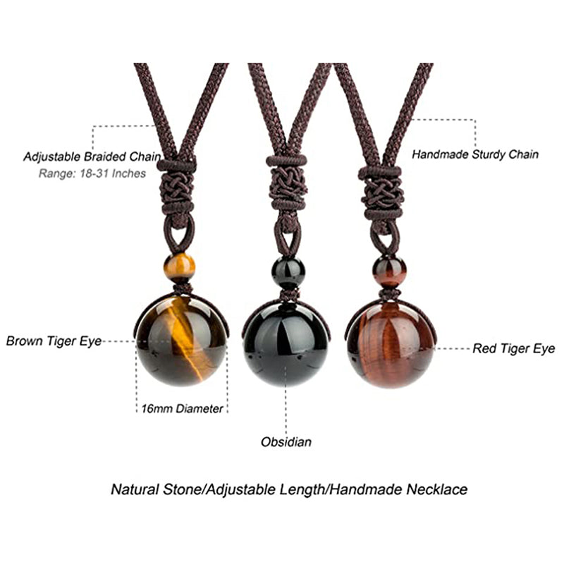 Tibetan Tiger Eye Obsidian Amethyst Protection Necklace – Brown Tiger Eye, Obsidian, and Red Tiger Eye spherical bead pendants on brown braided cords with macrame knots