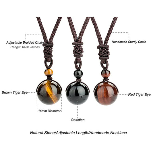 Tibetan Tiger Eye Obsidian Amethyst Protection Necklace – Brown Tiger Eye, Obsidian, and Red Tiger Eye spherical bead pendants on brown braided cords with macrame knots