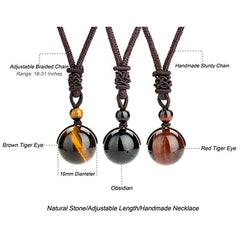 Tibetan Tiger Eye Obsidian Amethyst Protection Necklace – Brown Tiger Eye, Obsidian, and Red Tiger Eye spherical bead pendants on brown braided cords with macrame knots