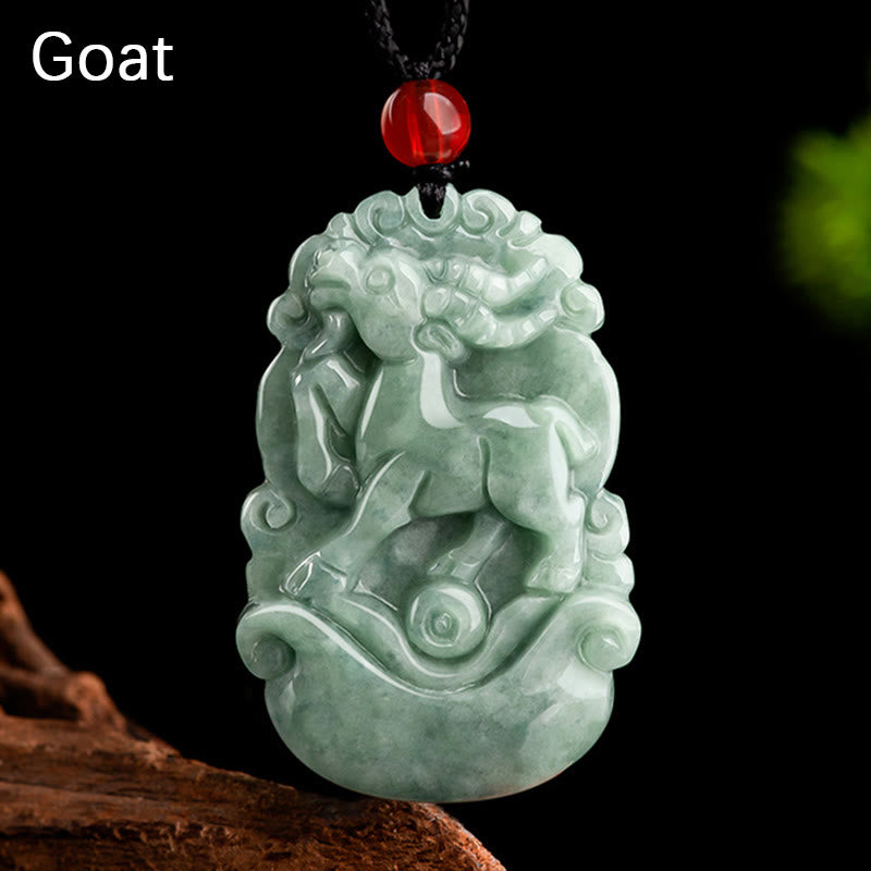 Green Jade Zodiac Necklace - Goat zodiac carving with curved horns and scroll border, gentle fortune