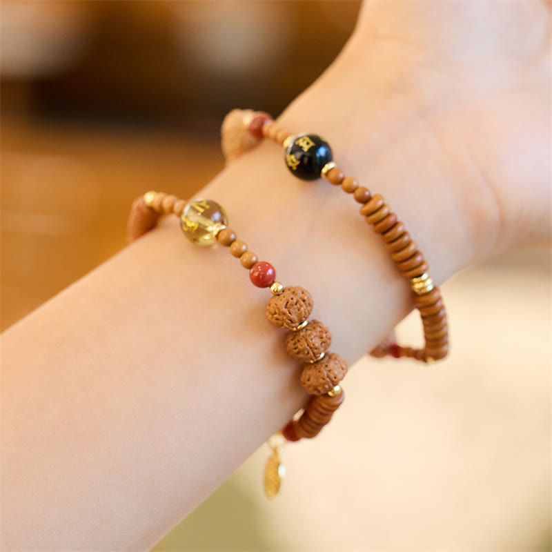 Bodhi Seed Bracelet – Full wrist view with all bead types and Fu charm pendant, healing bracelet