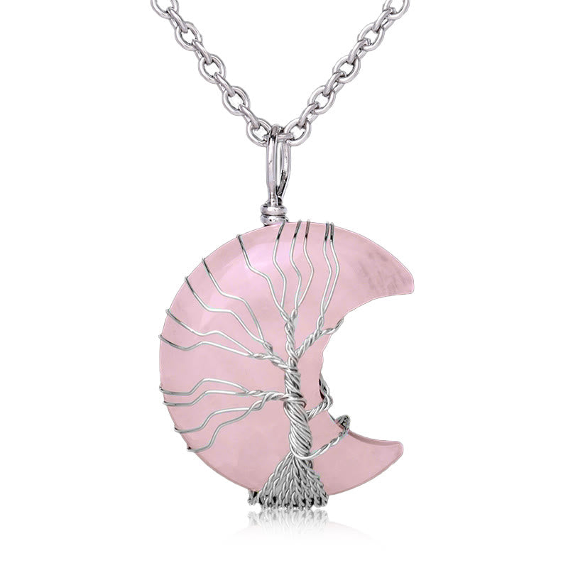 Quartz Crystal Moon Tree of Life Pendant – rose quartz crescent with silver wire tree on white, love healing crystal