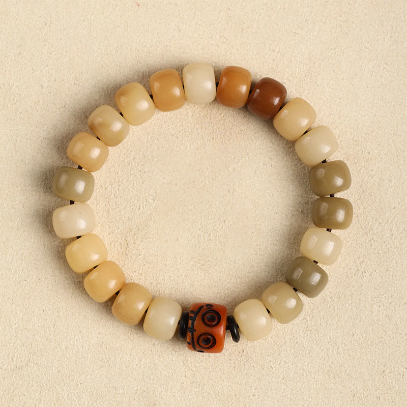 Natural Bodhi Seed Om Mani Padme Hum Wisdom Bracelet - Dzi eye bead focal, warm palette
