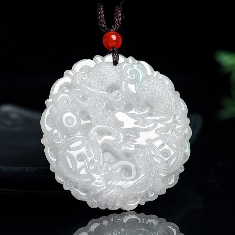 White Jade Dragon Necklace – Translucent carved dragon pendant with red bead on black cord, Harmonious