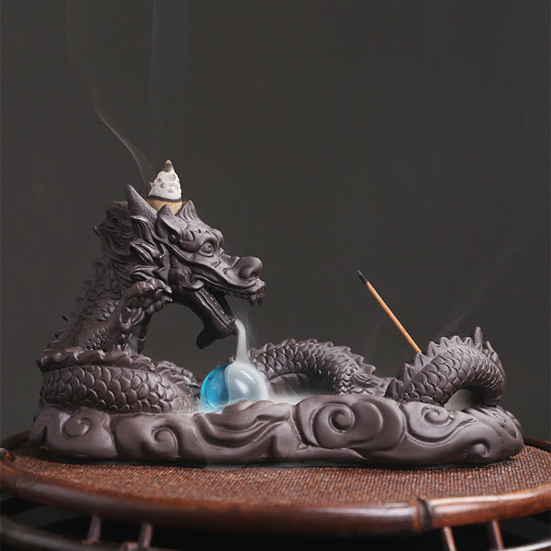Dragon Incense Holder - three-quarter view smoke flowing down, cloud base, serene