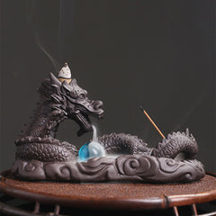Dragon Incense Holder - three-quarter view smoke flowing down, cloud base, serene