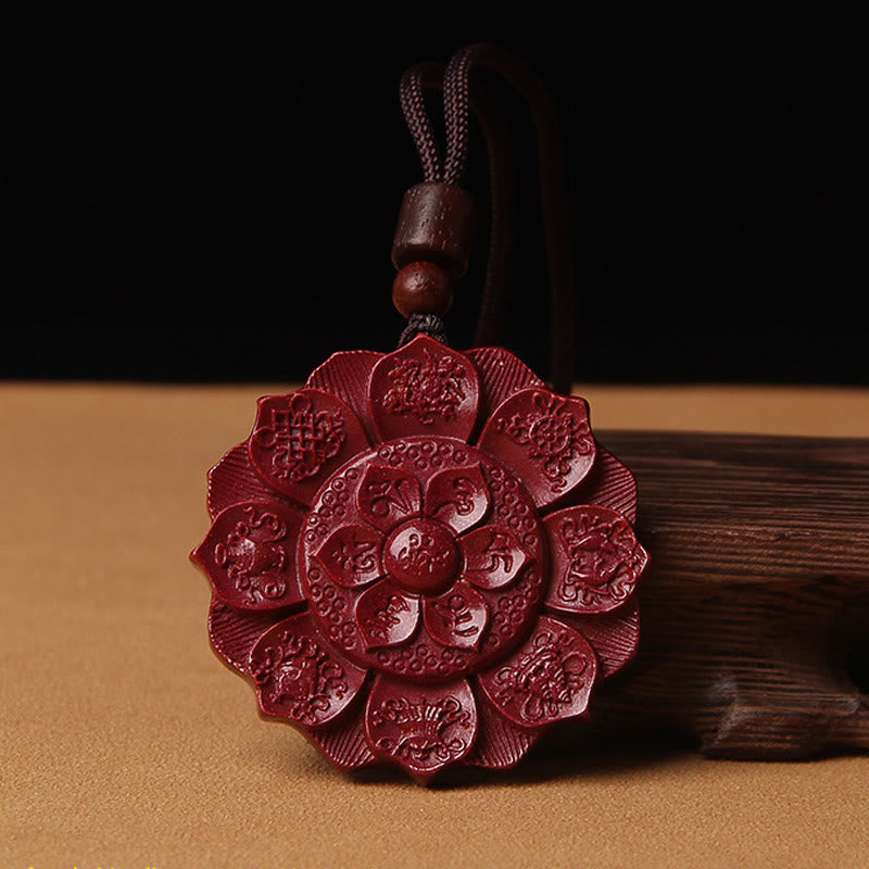 Cinnabar Om Mani Padme Hum Lotus Necklace – carved red mandala with eight auspicious symbols, blessing