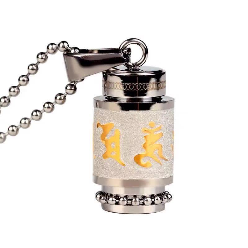 Om Mani Padme Hum Amulet – Frosted panel on ball chain, gold Sanskrit, white studio