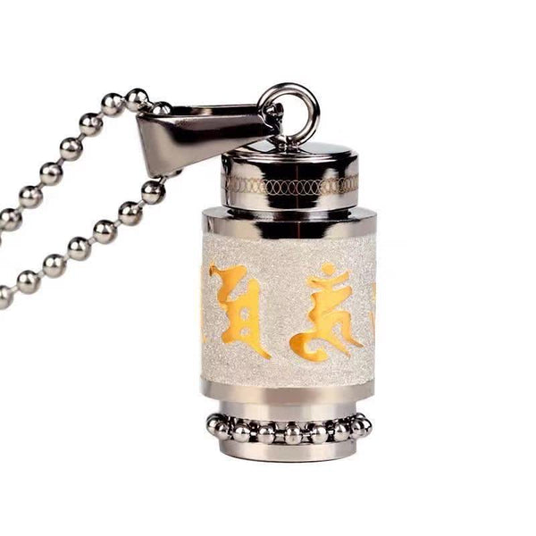 Om Mani Padme Hum Amulet – Frosted panel on ball chain, gold Sanskrit, white studio
