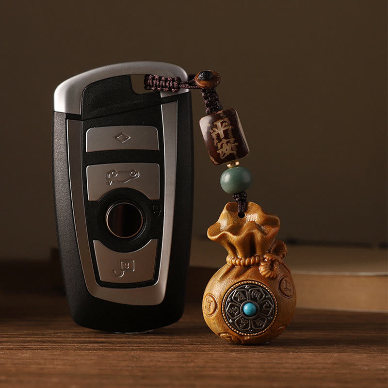 Sandalwood Money Bag Mantra Hanging - Wood bag paired with car key fob, car accessory