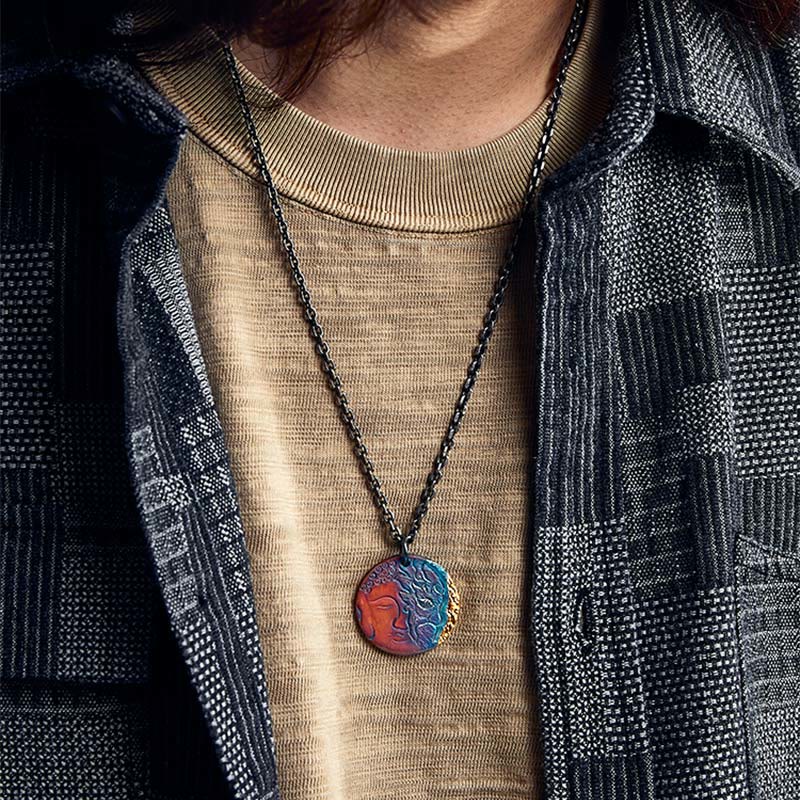 999 Sterling Silver 24K Gold Half Demon Half Buddha Compassion Necklace Pendant – Carving texture macro, artisan craft detail