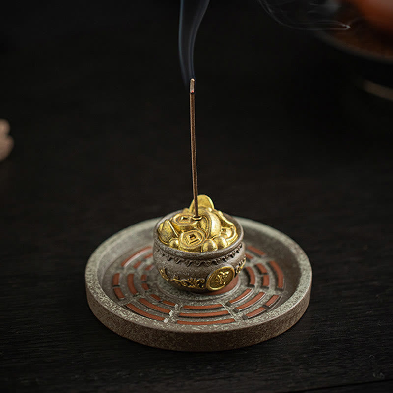 Treasure Bowl Incense Burner – Gold ingot and coin holder on bagua ceramic base, stick incense