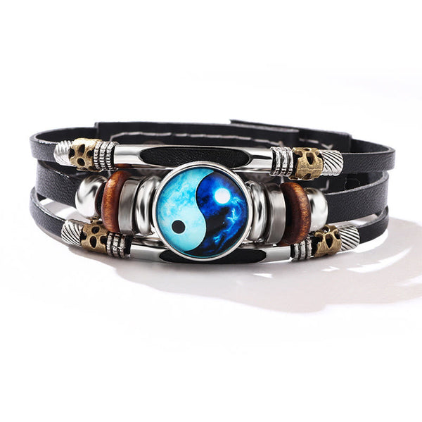 Yin Yang Leather Balance Bracelet - Black leather wrap with blue yin-yang and skull beads, men spiritual bracelet