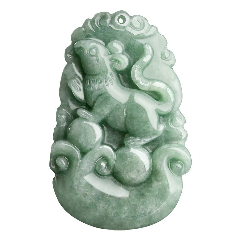 Green Jade Zodiac Necklace - Rat zodiac jade on white background showing natural mottling, auspicious