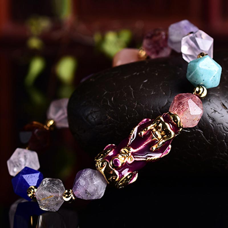FengShui Amethyst PiXiu Luck Bracelet – purple PiXiu charm close-up on black stone, bokeh background, spiritual