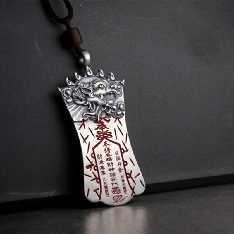 Bagua PiXiu Necklace – Front silver PiXiu pendant with red inscriptions on dark grey, wealth charm