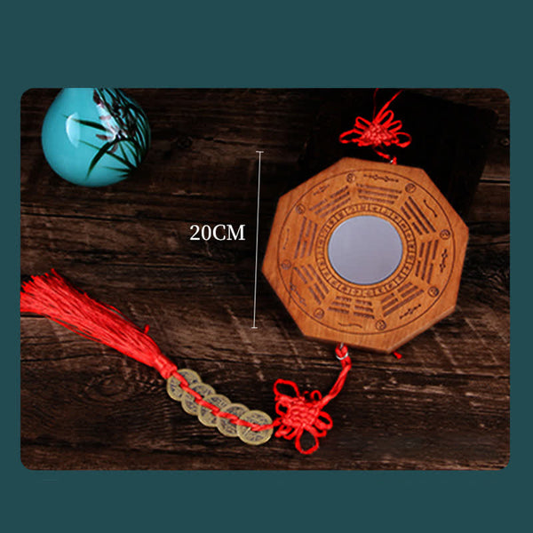 Peach Wood Bagua Map - 20cm bagua mirror with five emperor coins and red tassel, size reference shown