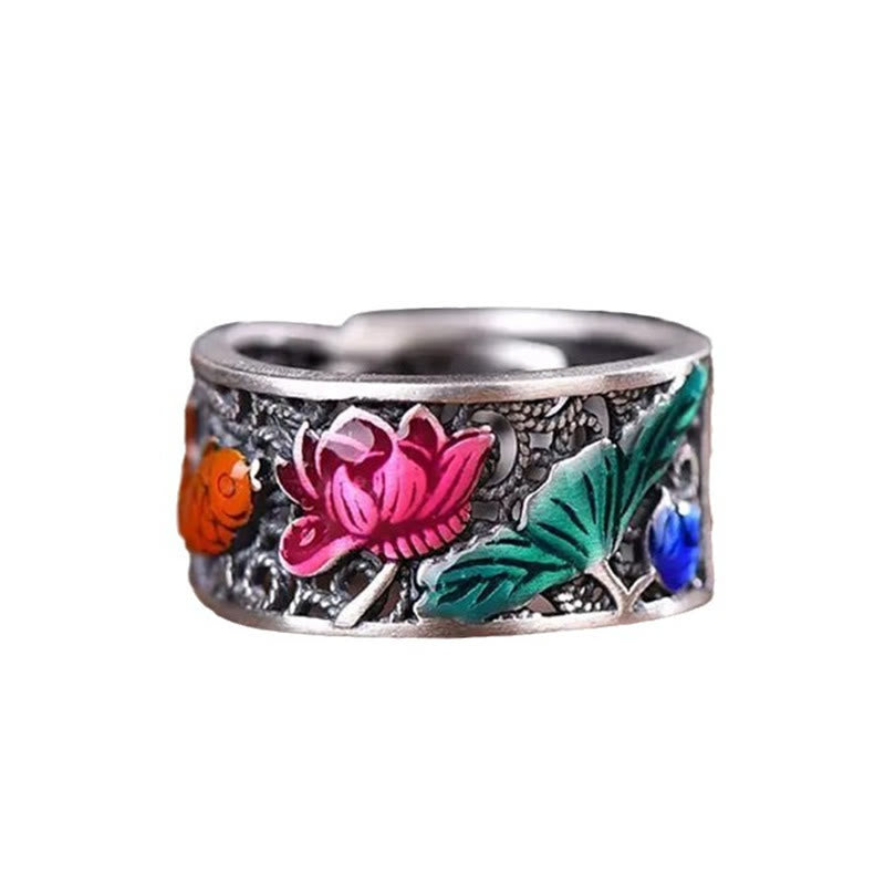 Copper Enamel Koi Fish Ring – close-up of carved lotus center surrounded by koi fish motif