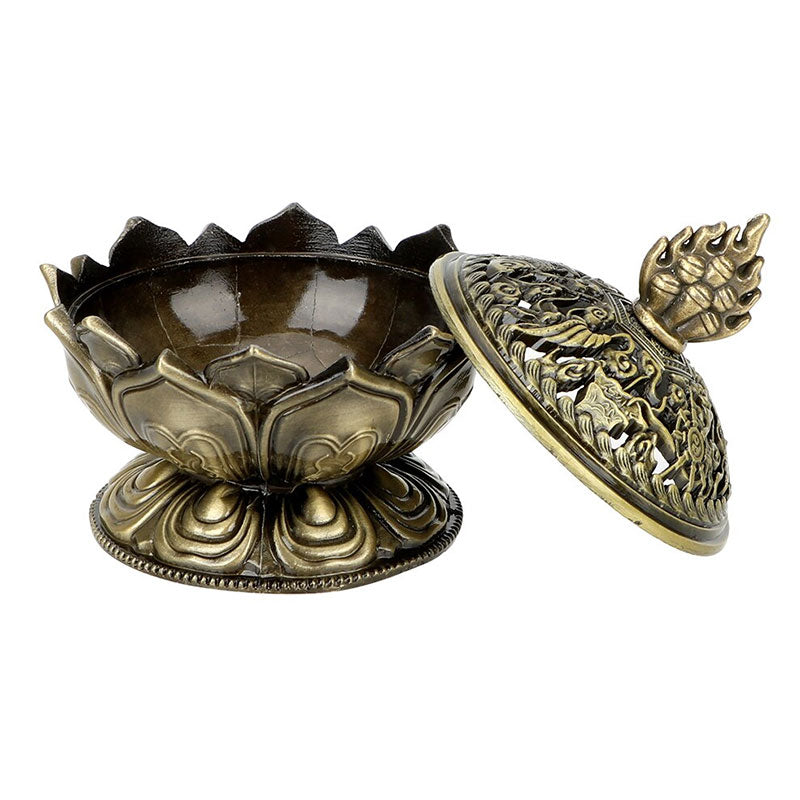 Lotus Shaped Incense Burner - Three lotus censers bronze copper gold on dark gradient, Mindful gifting