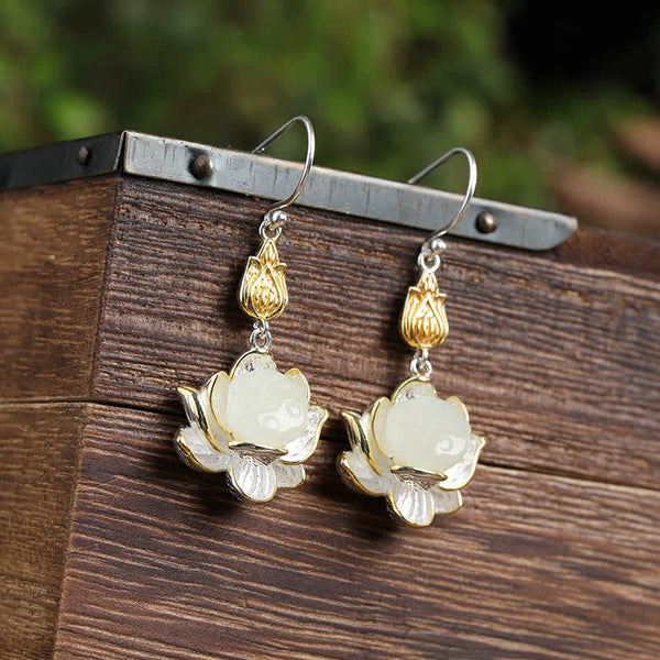 White Jade Lotus Drop Earrings