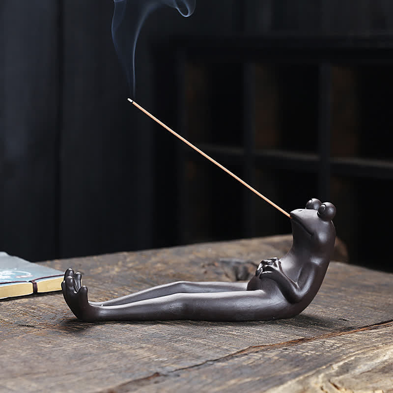 Meditation Frog Ceramic Incense Burner - Reclining frog with crossed arms and stretched legs, incense frog holder