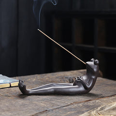 Meditation Frog Ceramic Incense Burner - Reclining frog with crossed arms and stretched legs, incense frog holder