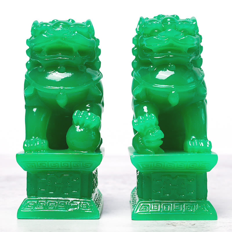 Fu Foo Dogs Guardian Lion Statues Pair – Intricately carved mane details on bronze guardian beast, prosperity symbol
