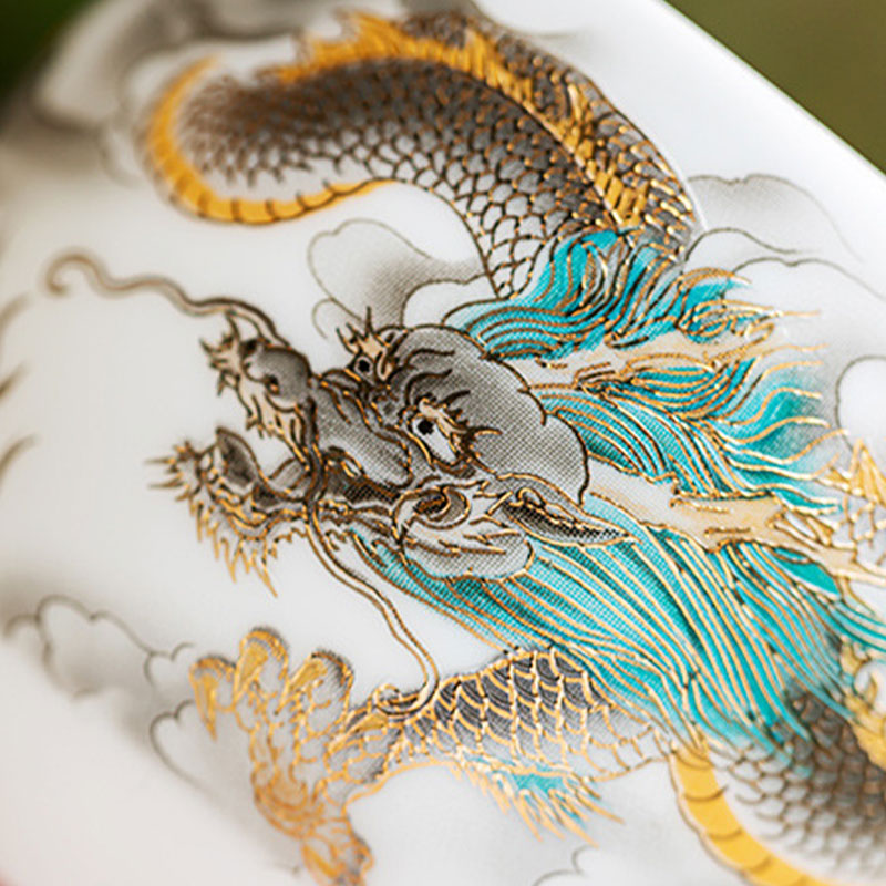 Dragon Phoenix Clouds Ceramic Teacup Gift Set – Macro dragon head, turquoise mane and gold scales, raised enamel relief