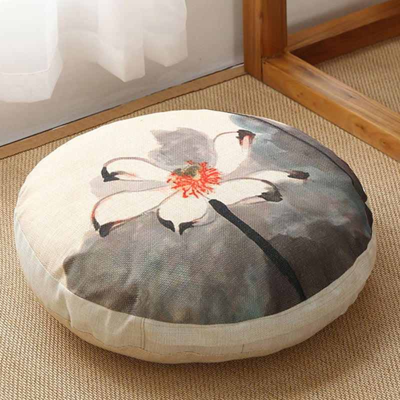 Lotus Linen Meditation Cushion – Gray ink lotus with coral stamen on woven mat
