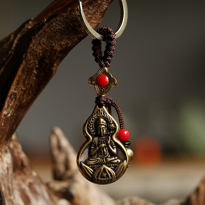 Copper Buddha Blessing Keychain – miniature Mahasthamaprapta statue, spiritual keyring accessory