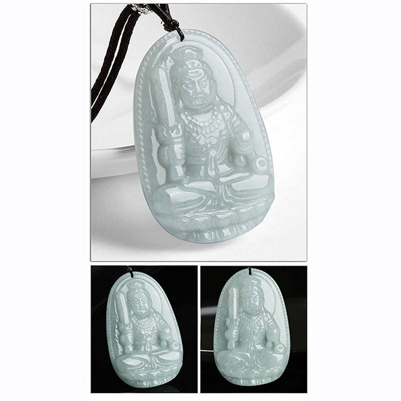 Zodiac Buddha Jade Necklace – three panel collage of natal Buddha jade pendant, white and dark display angles