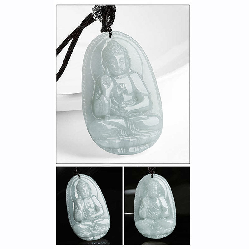 Zodiac Buddha Jade Necklace – three views of meditating Buddha jade pendant, front and side, zodiac jewelry set