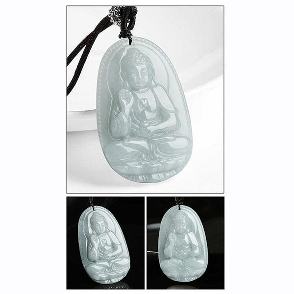 Zodiac Buddha Jade Necklace – three views of meditating Buddha jade pendant, front and side, zodiac jewelry set