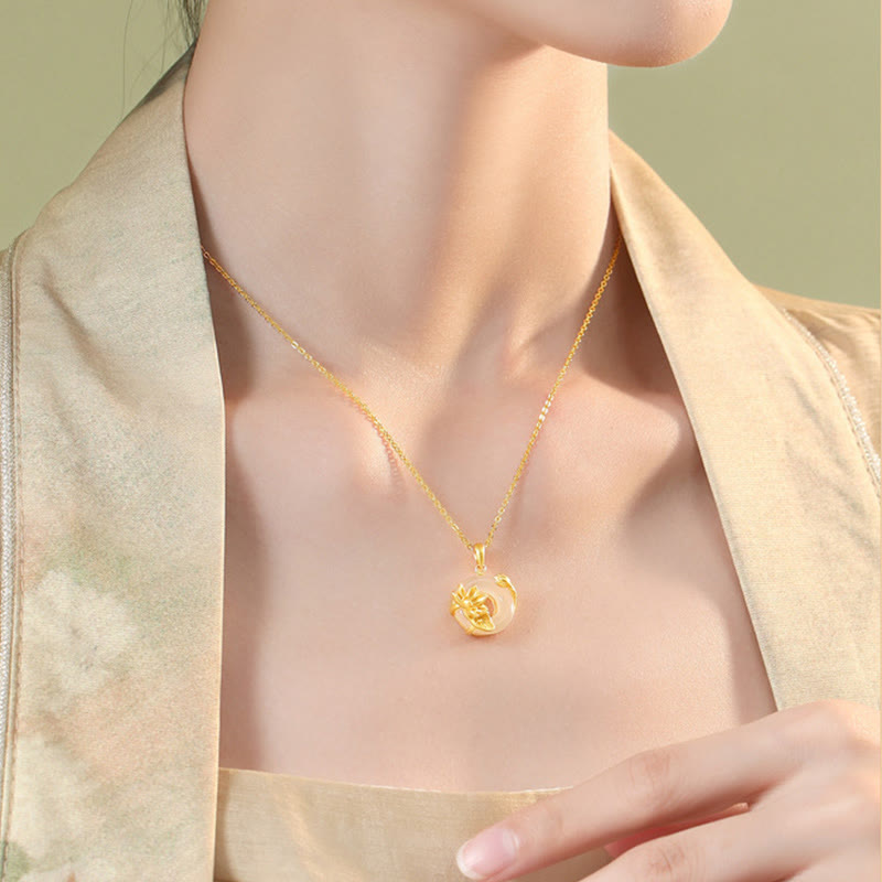 White Chalcedony Lotus S925 Necklace - model neck shot with beige top, lotus pendant jewelry