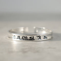 Tibetan Mantra Copper Bracelet - Narrow flat band with deeply etched sacred script, minimalist cuff
