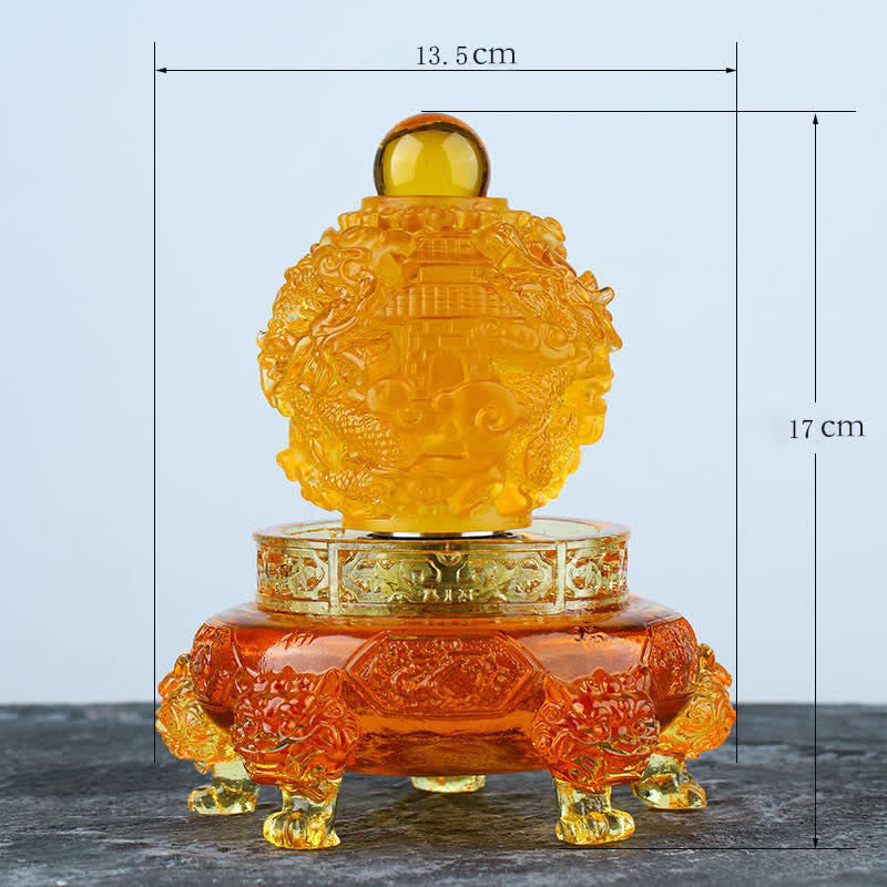Liuli Dragon Art 13.5x17cm – Amber crystal sphere with six beast feet and pagoda, Fortune