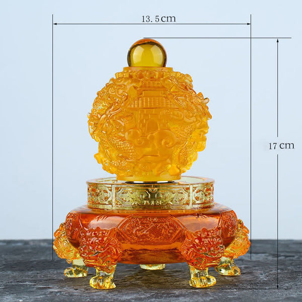Liuli Dragon Art 13.5x17cm – Amber crystal sphere with six beast feet and pagoda, Fortune