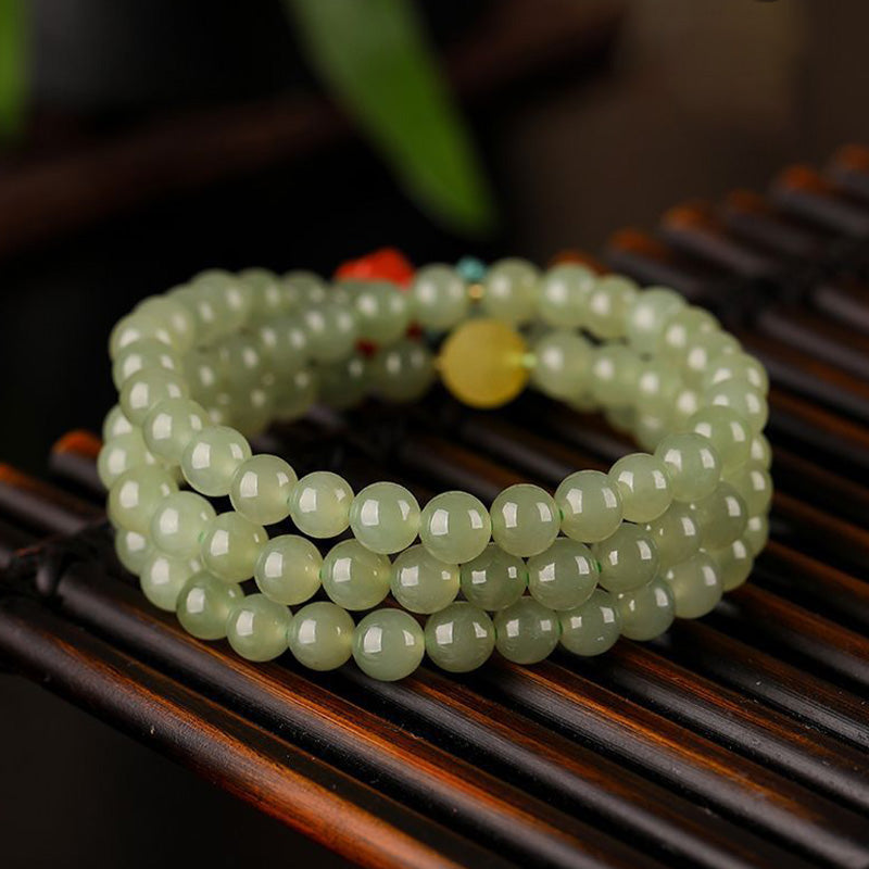Laughing Buddha Agate Bracelet - Back view of stretch cord and bead arrangement, jade wellness band