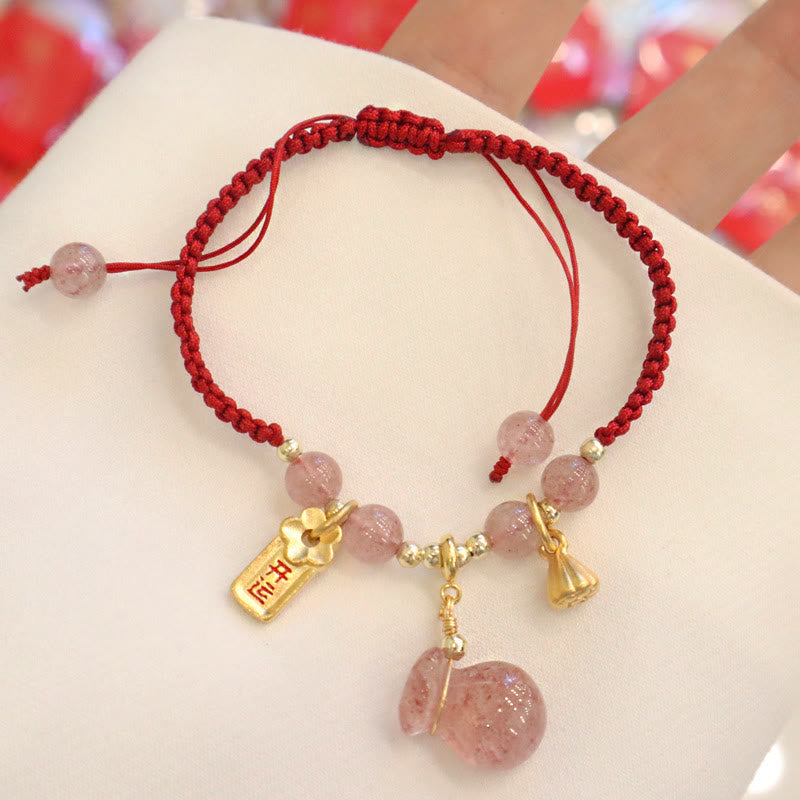 Pulsera de hilo rojo con cuarzo fresa, amuleto de la suerte y flor de loto | Amor y Sanación