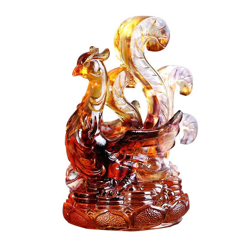 Vermilion Bird Crystal Phoenix - three-quarter view, honey gold body, fiery plumage