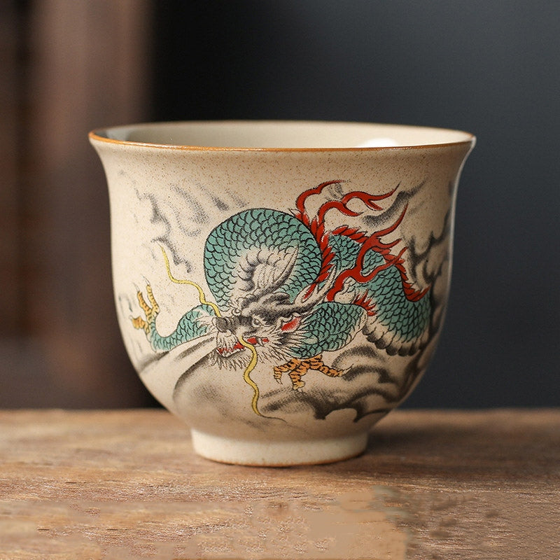 Chinese Zodiac Ceramic Teacup - hand-painted rat zodiac cup with red berries, speckled stoneware