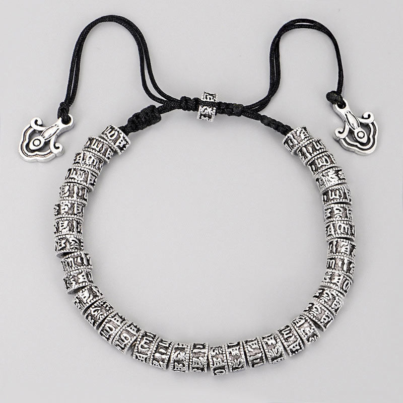 Tibetan Mantra Purity Bracelet – Top-down silver prayer beads on black cord with end charms, Buddhist bracelet
