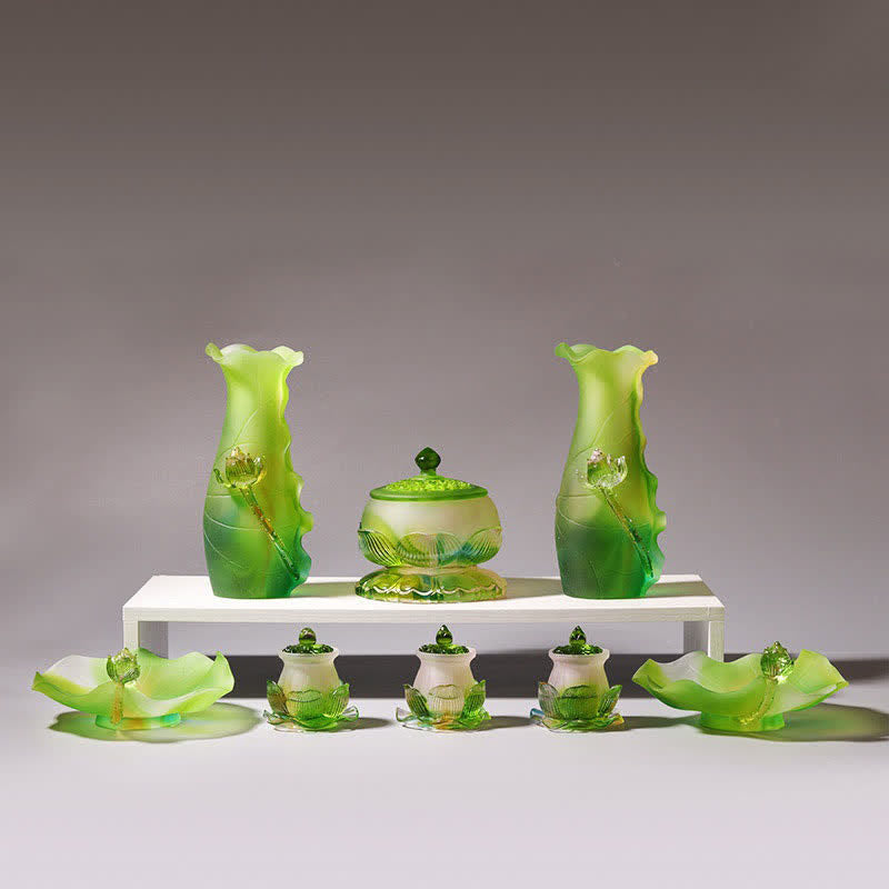 Feng Shui Lotus Liuli Crystal – seven-piece green lotus altar set, auspicious decor