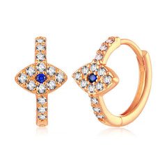 Evil Eye Stud Earrings – Rose gold huggie hoops with blue gemstone center, pave crystals