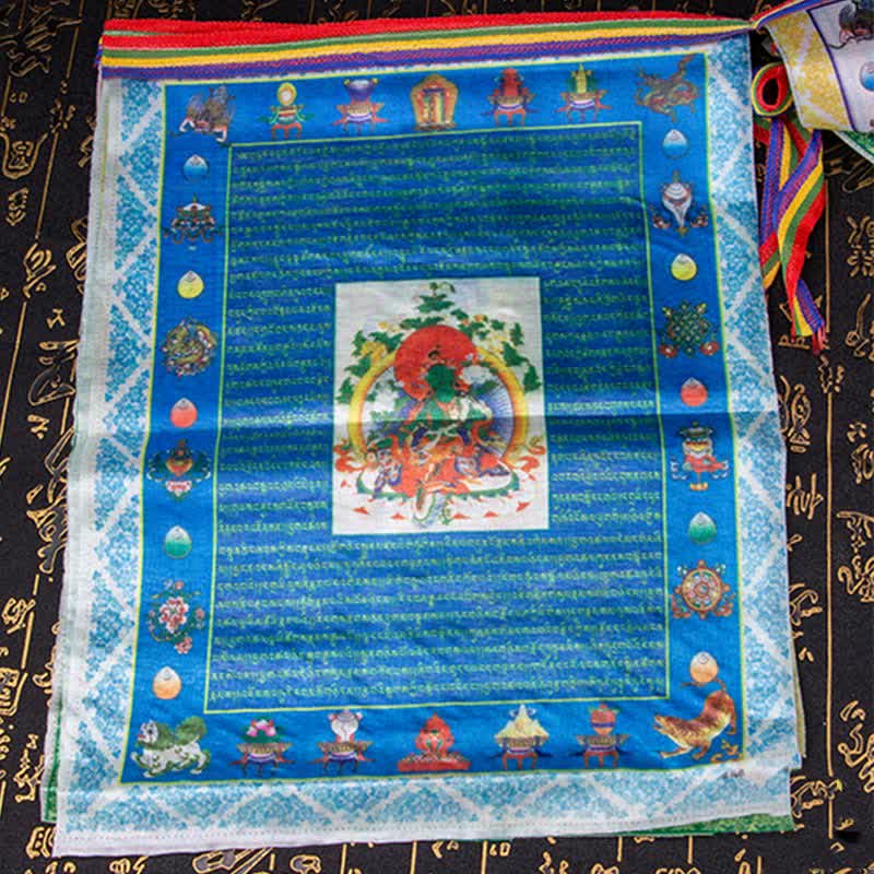 Tibetan Prayer Flag 5 Colors Windhorse Outdoor – Buddhist eight auspicious symbols interspersed with mantras, sacred decor