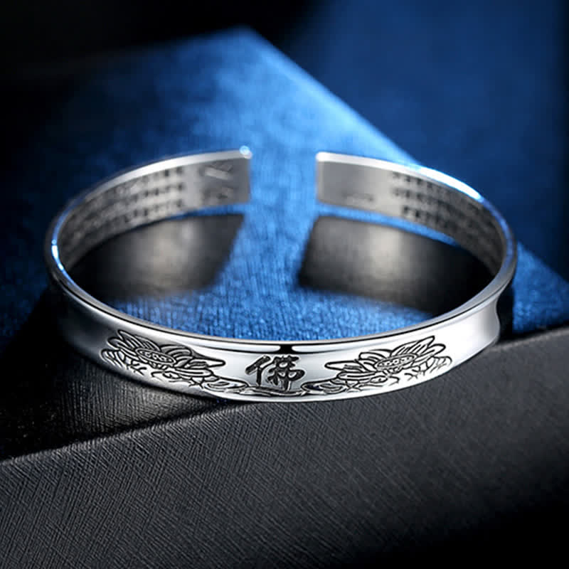 Heart Sutra Lotus Copper Cuff Bracelet - silver cuff with lotus and interior sutra on blue velvet, Zen harmony