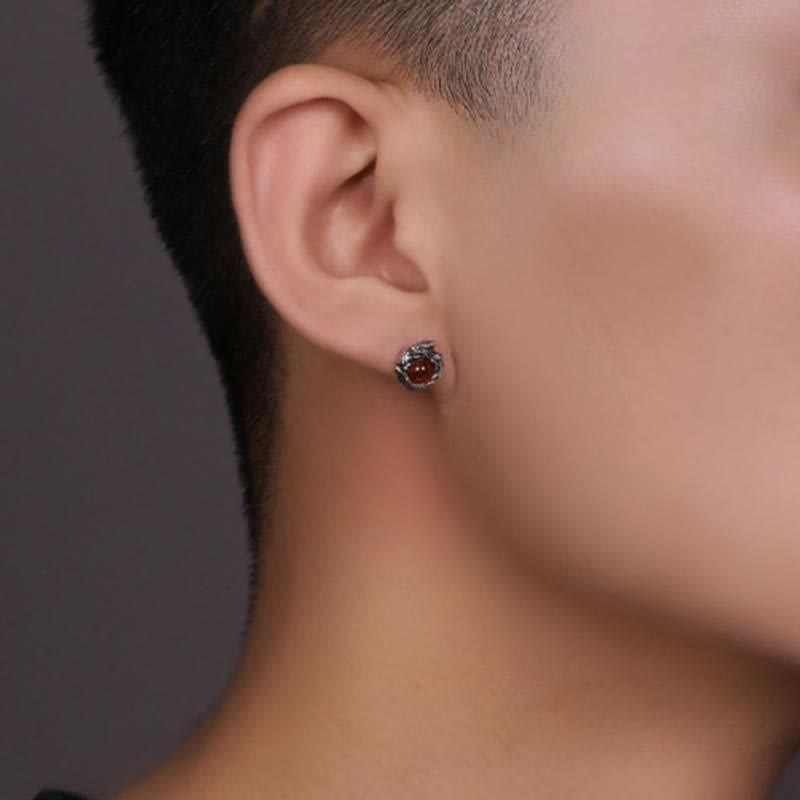 Sterling Silver Amber Dragon Earring – burgundy cabochon stud on model, vintage claw setting, Alternative