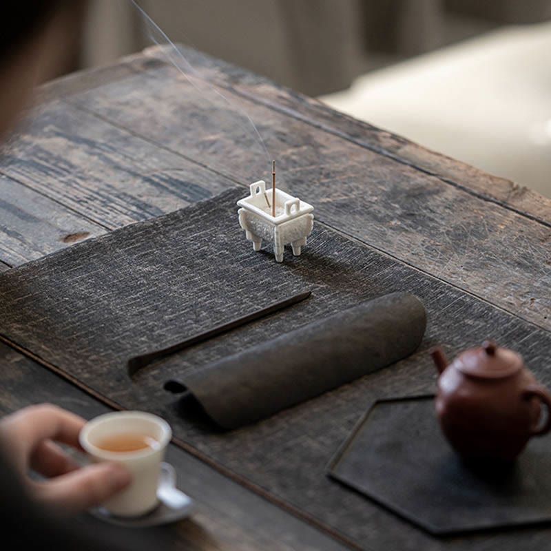 Dragon Ceramic Incense Burner – censer with teapot on dark mat, arch frame, minimalist, aromatic
